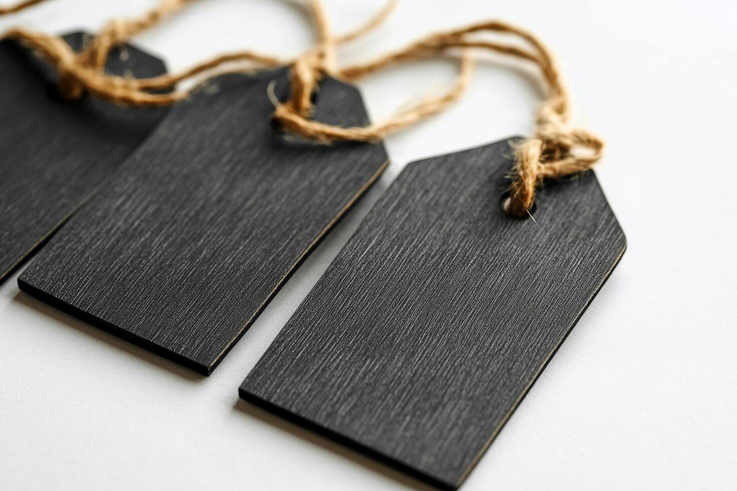 Rustic black tags with twine arranged on a surface for labeling and crafts photo