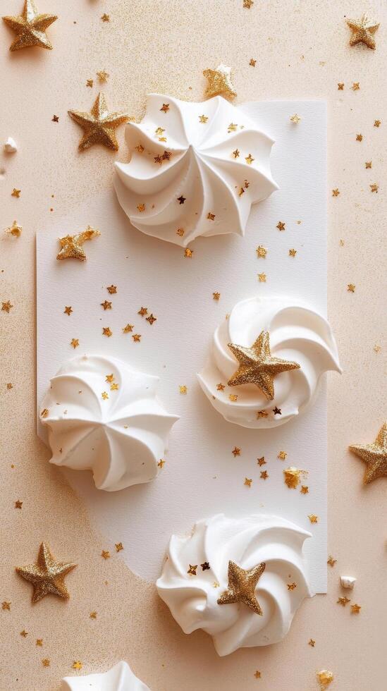 Decorative meringue cookies with gold stars on a light surface for festive celebrations photo