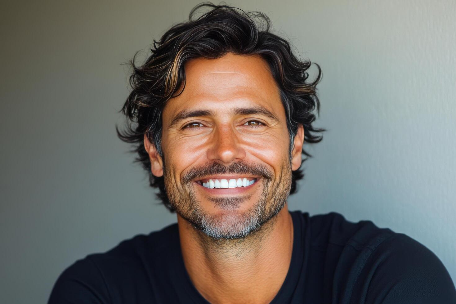 Smiling man with medium length dark hair and a beard sitting against a neutral background photo