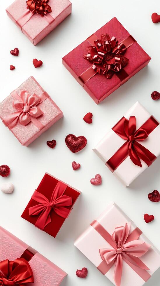 Colorful pink and red gift boxes arranged in a creative pattern for a special celebration photo