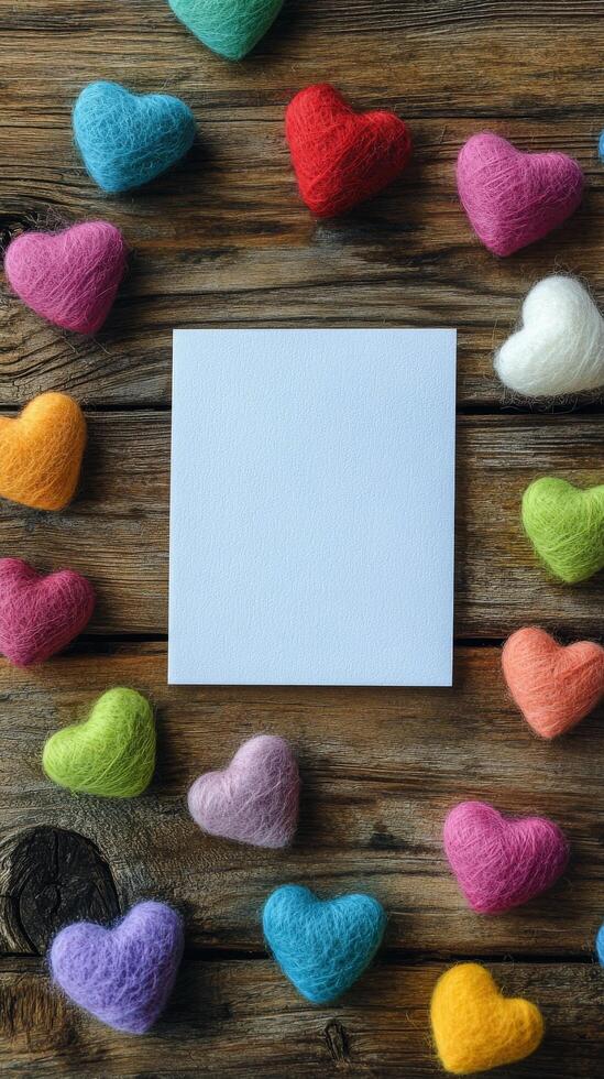 Colorful heart decorations surround an empty note on a wooden table photo