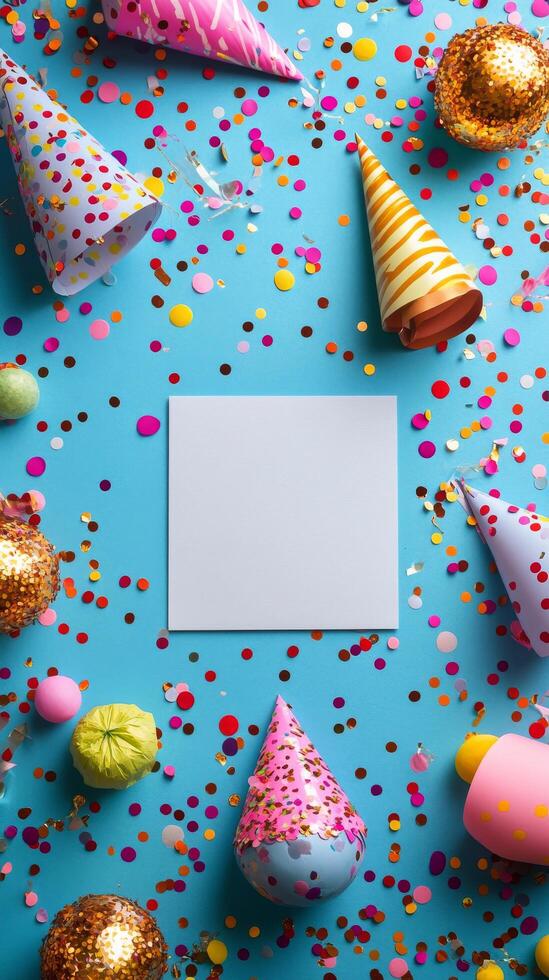 Colorful party decorations arranged on a bright blue surface with a blank space for message photo