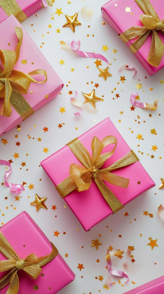 Colorful gift boxes with golden ribbons and festive decorations spread on a light backdrop photo