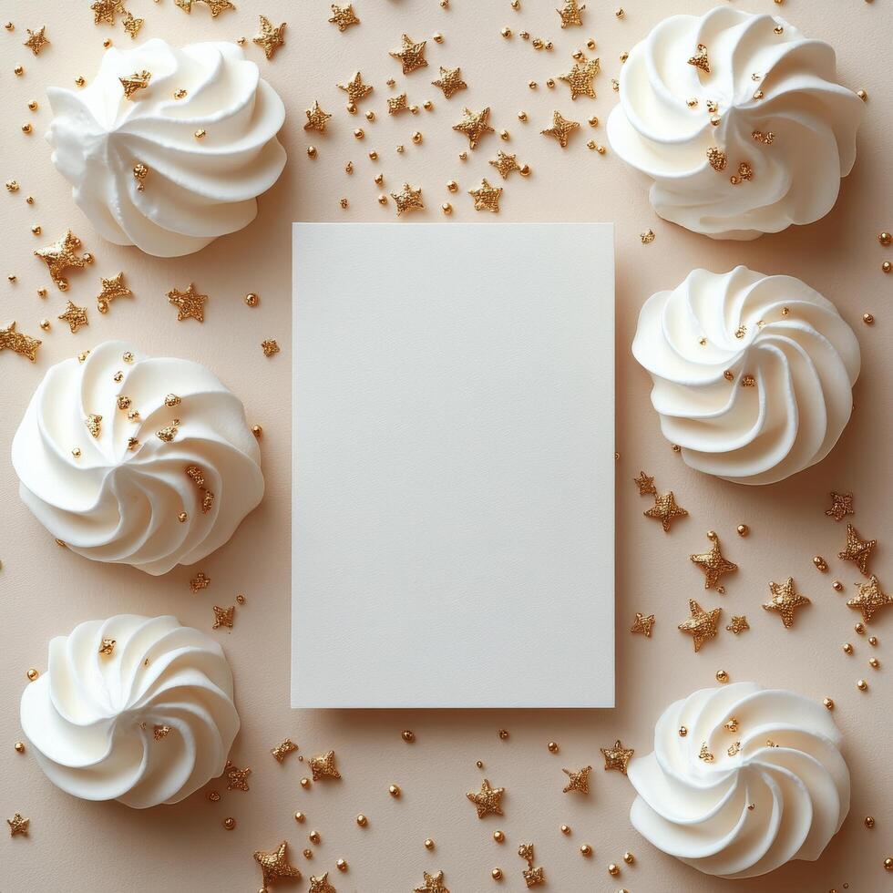 Whipped cream swirls and golden stars create a festive display for celebration moments photo