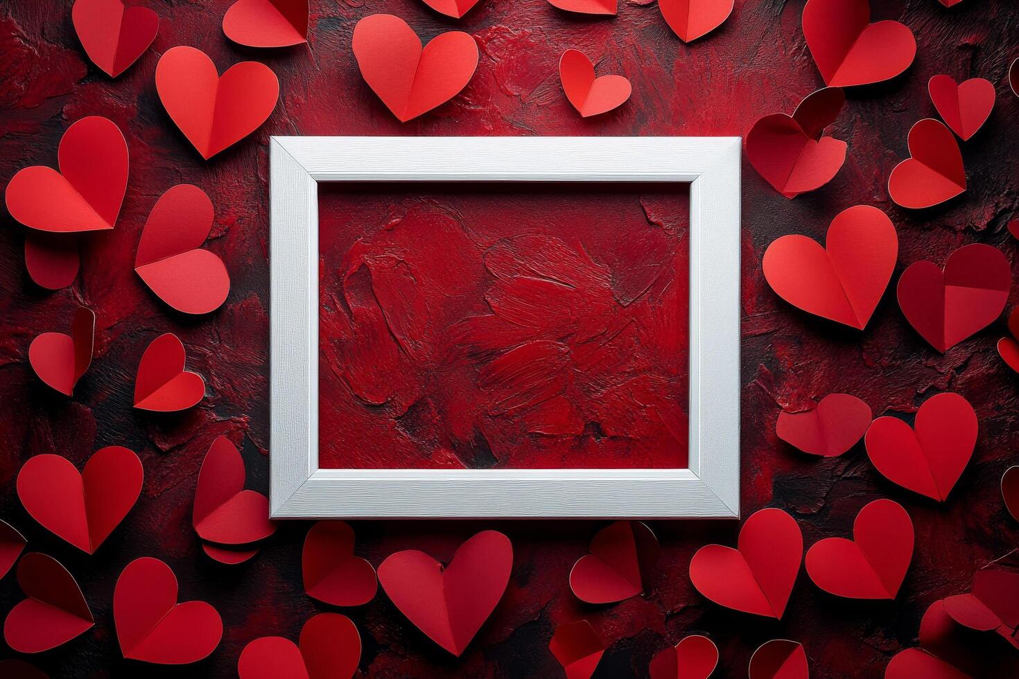 Creative display of red hearts surrounding a white picture frame on a dark background photo