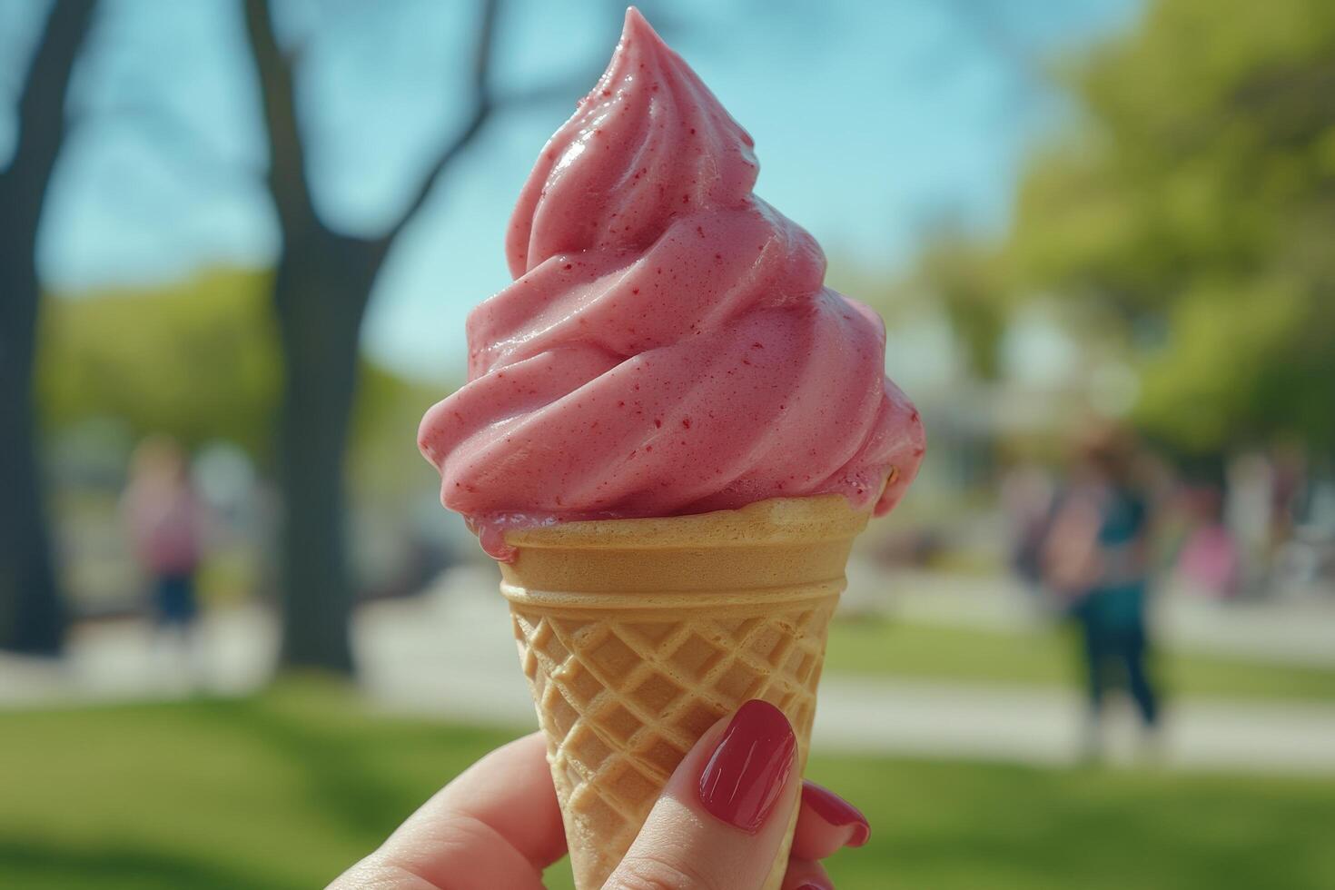 Enjoying a delicious pink soft serve ice cream cone in a park on a sunny day photo