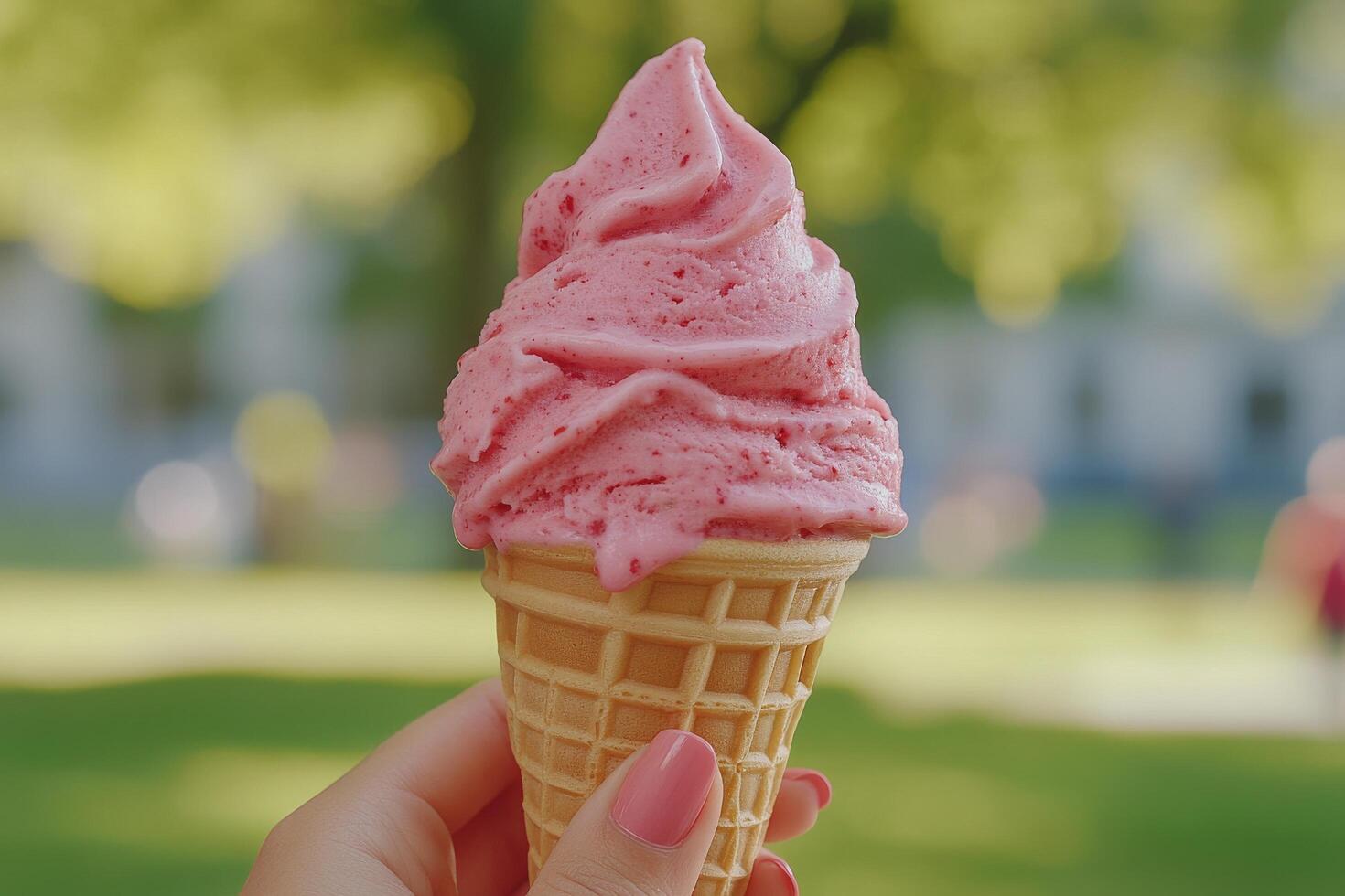 Enjoying a delicious pink soft serve ice cream cone in a park on a sunny day photo