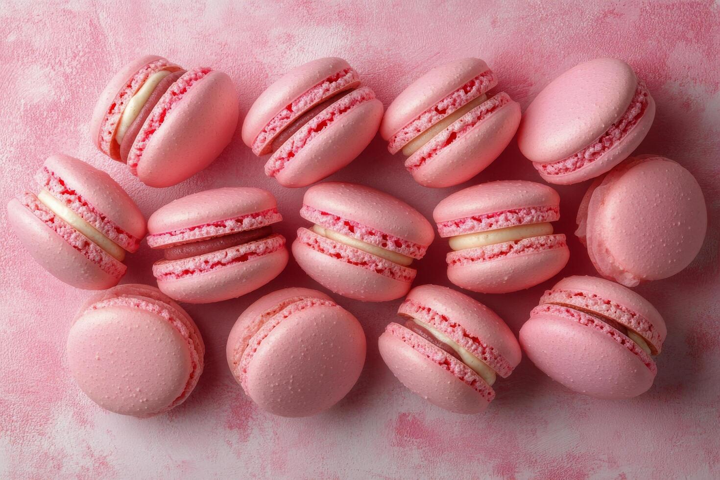 Delightful pink macarons surrounded by sparkling droplets on a pastel background photo