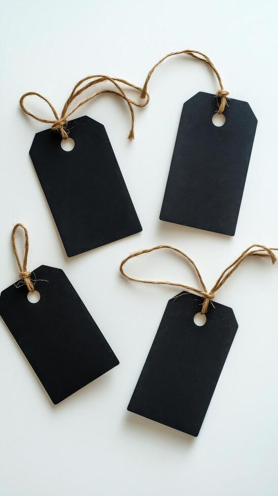 Crafting black tags for labeling items or gifts in a simple studio setting photo