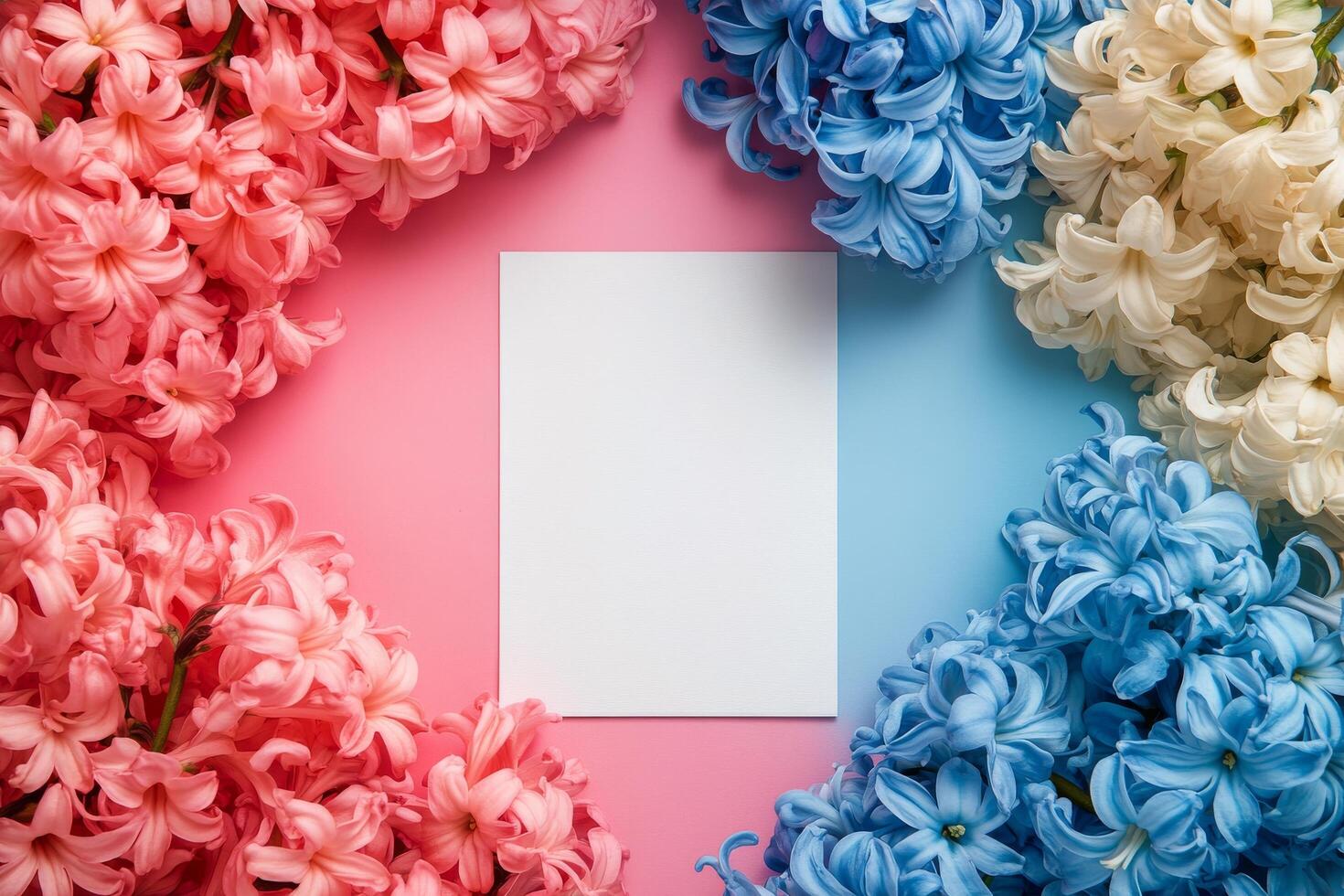 Colorful flowers arranged with blank card on pastel background for creative projects photo