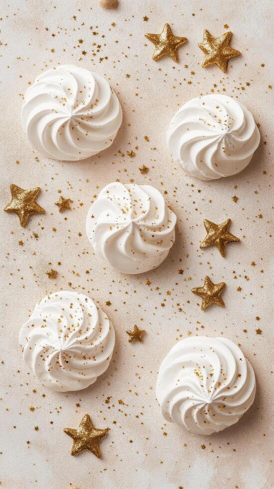 Decorative meringue cookies with gold stars on a light surface for festive celebrations photo