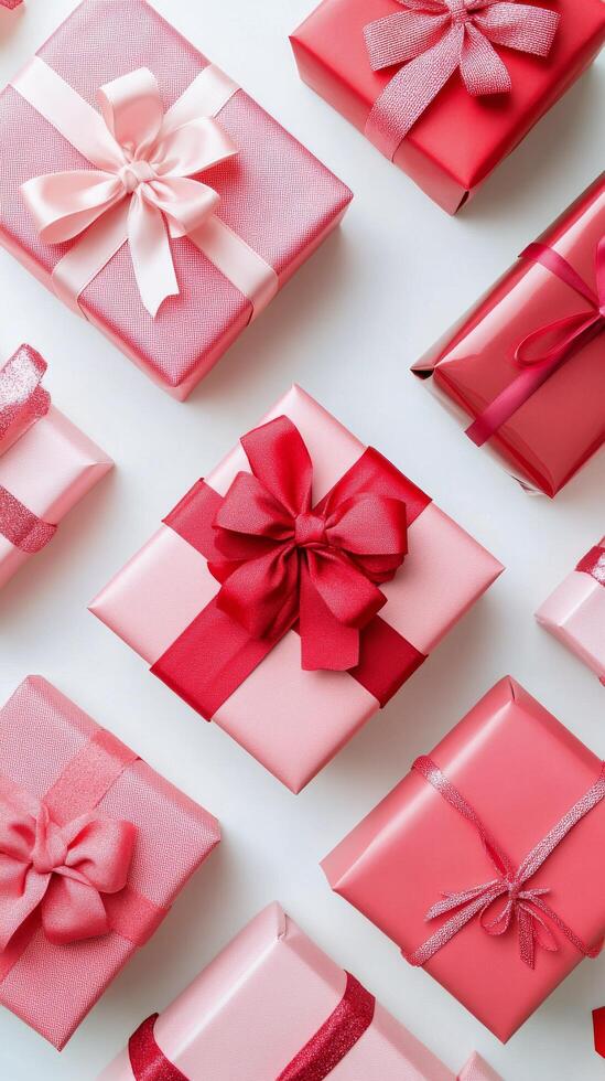 Colorful pink and red gift boxes arranged in a creative pattern for a special celebration photo