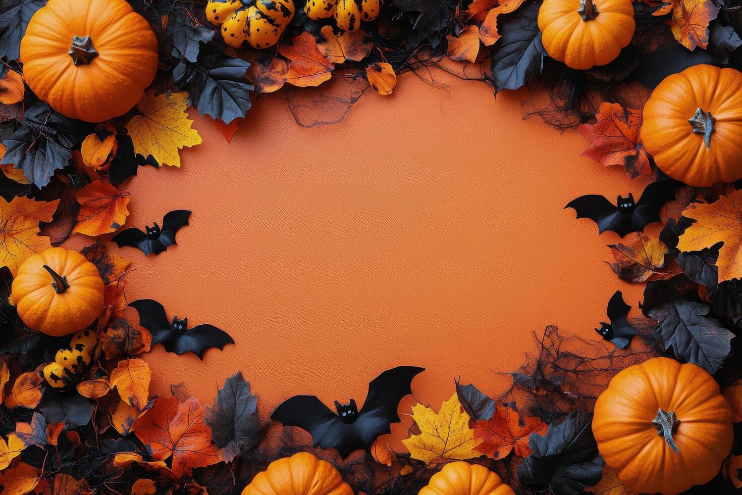 Festive autumn arrangement featuring pumpkins and bats against an orange background photo