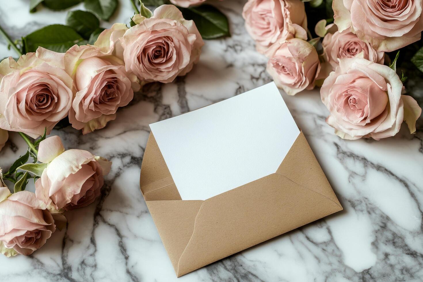 Delicate pink roses surrounding a blank envelope on a marble surface for personal notes photo