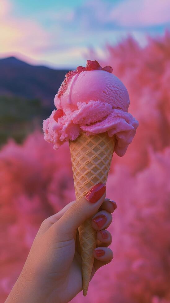 Pink ice cream cone held against a vibrant pink background at sunset in a scenic outdoor setting photo