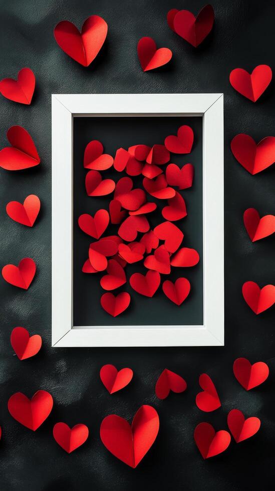 Red paper hearts arranged in a white frame against a black background for a romantic atmosphere photo