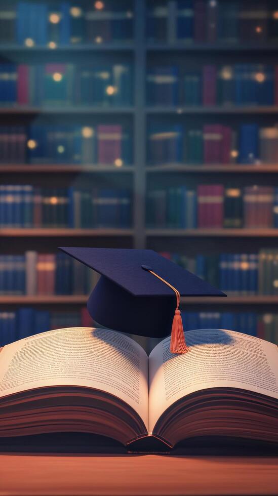Graduation cap rests on open book in library filled with bookshelves photo