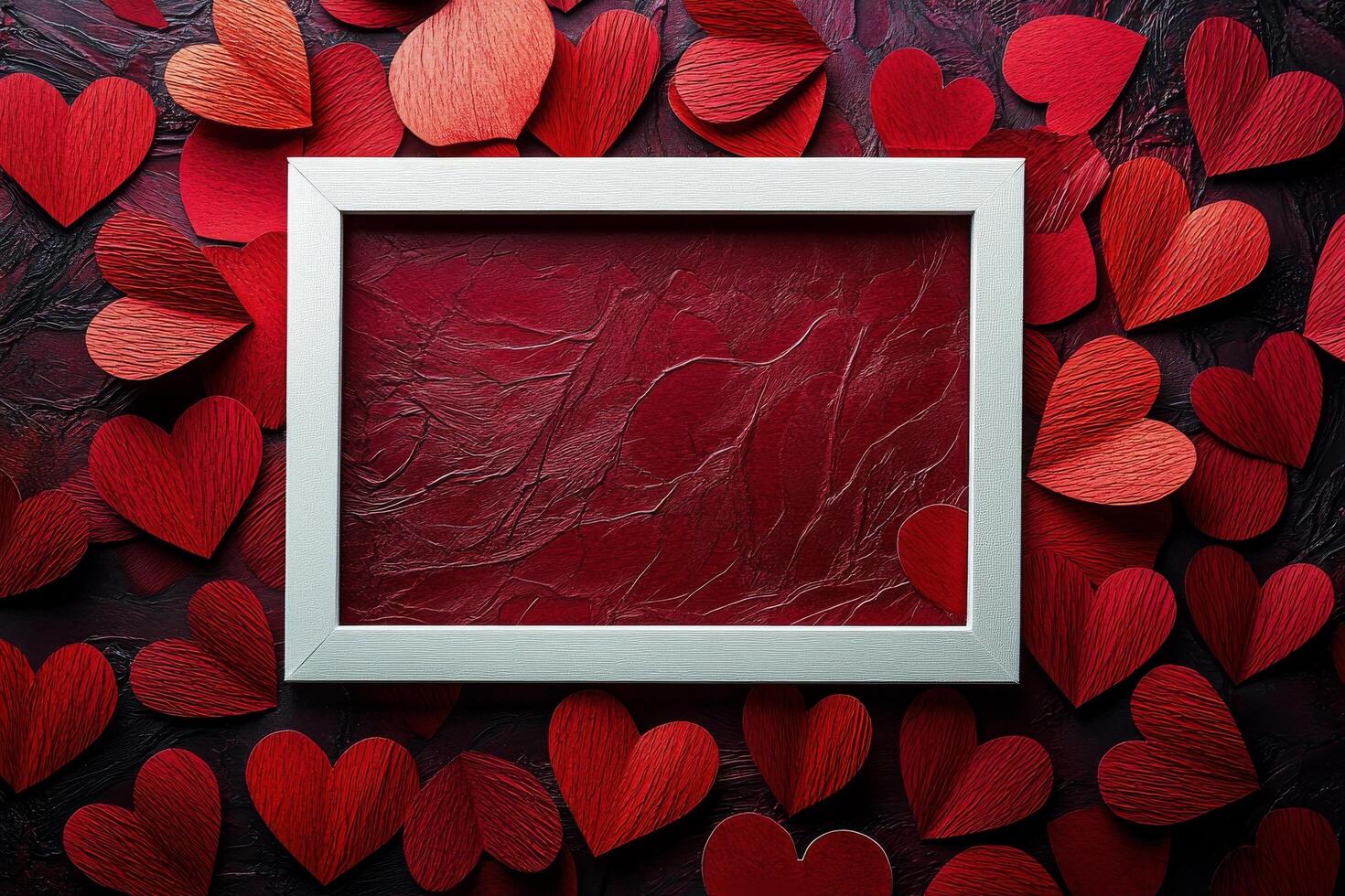 Creative display of red hearts surrounding a white picture frame on a dark background photo