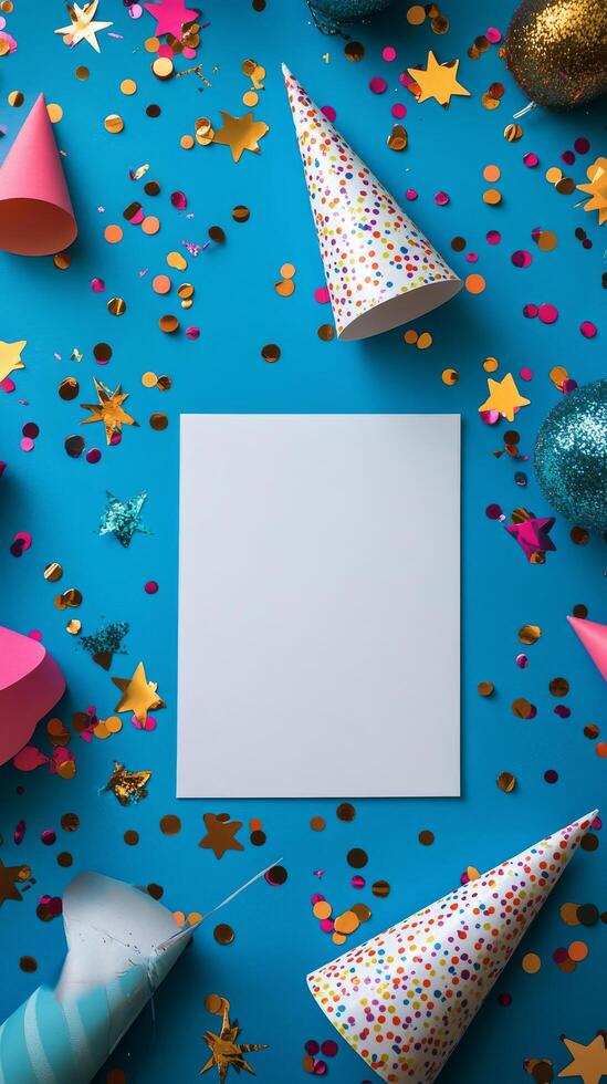 Colorful party decorations arranged on a bright blue surface with a blank space for message photo
