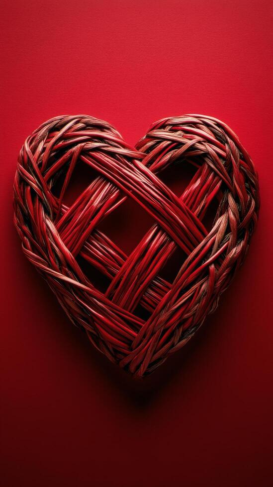 Woven heart made of red and natural fibers on a vibrant red background photo