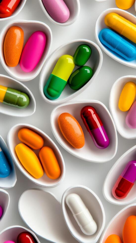 Colorful capsules scattered on a smooth surface creating a vibrant abstract pattern photo
