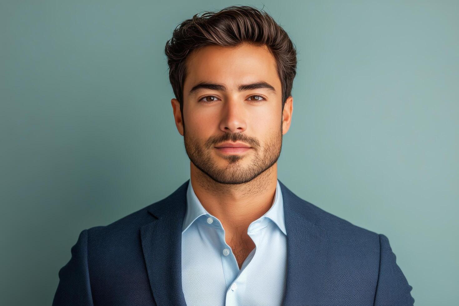 Confident young man in a formal outfit against a muted blue background photo