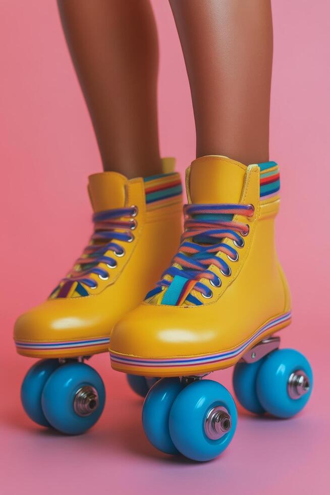 Bright retro roller skates with striped socks against a pink background during a sunny day photo