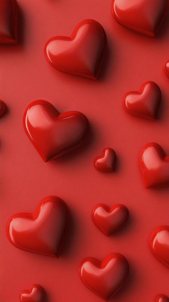 Red hearts scattered on a shiny surface creating a romantic theme for celebrations photo