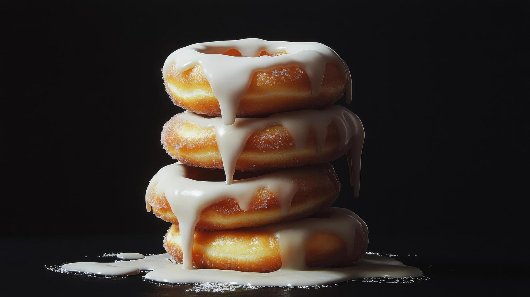 Delicious glazed donuts stacked on a wooden table with sunlight in the background photo