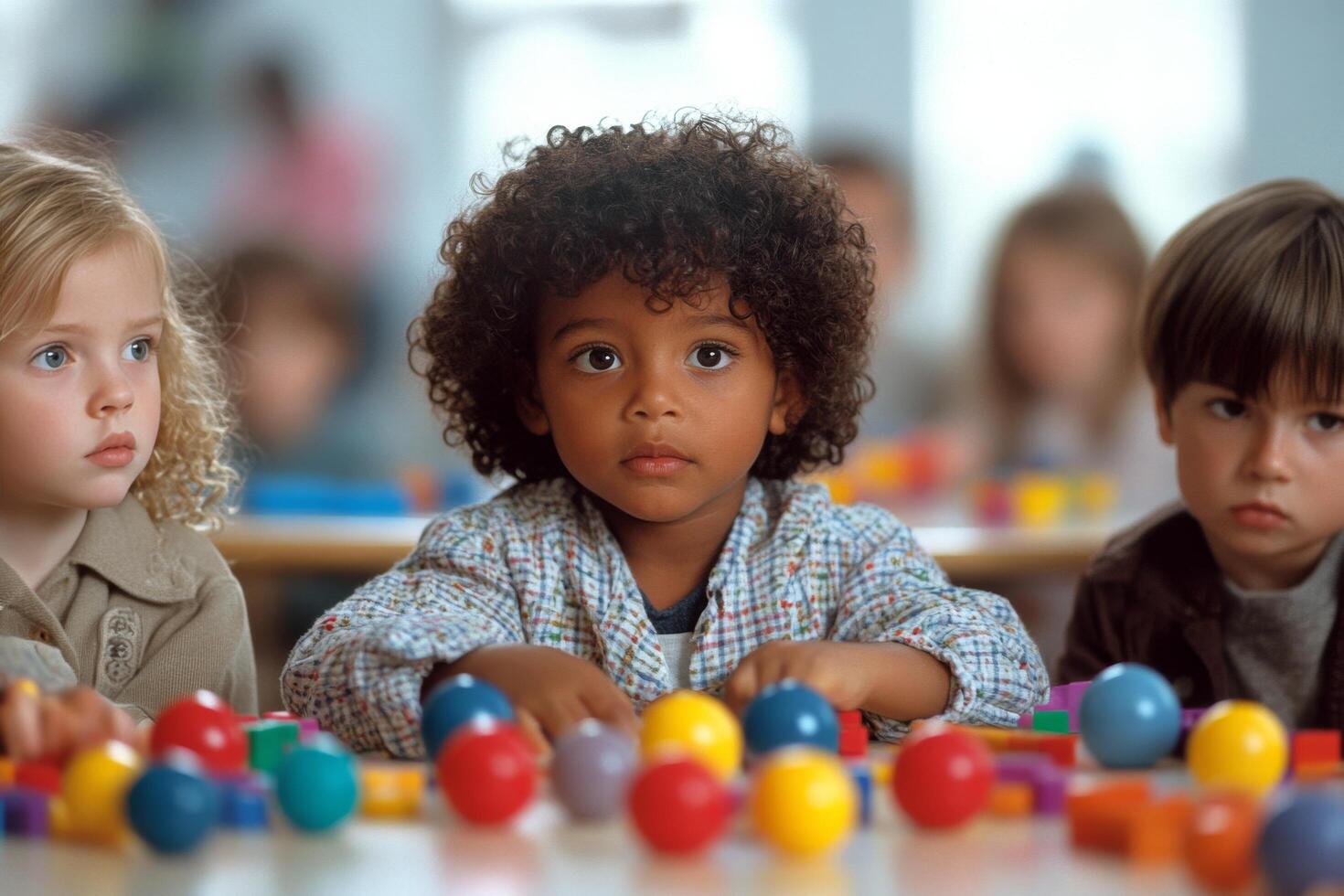 Children engaged in playtime with colorful building blocks in a bright classroom setting photo