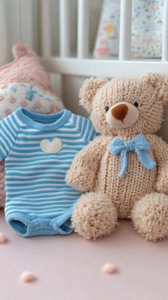 Soft blue knitted outfit with plush toys arranged on a light background photo