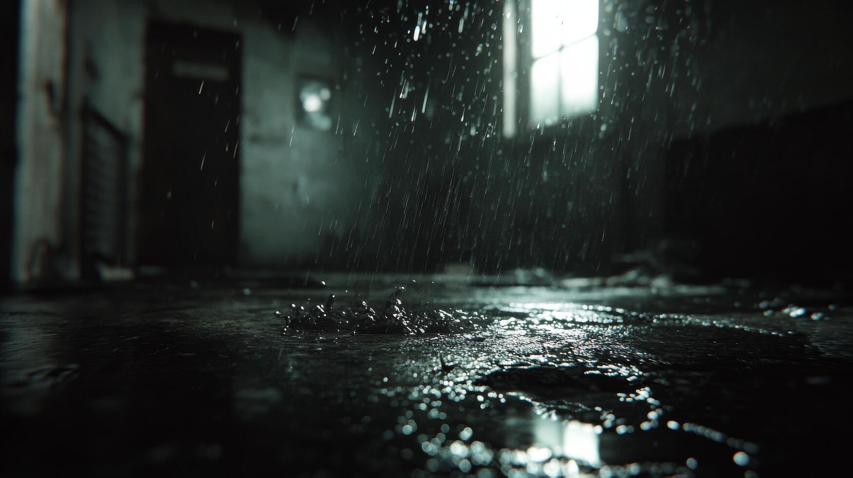 Dark interior with rain falling through a window creating a moody atmosphere photo