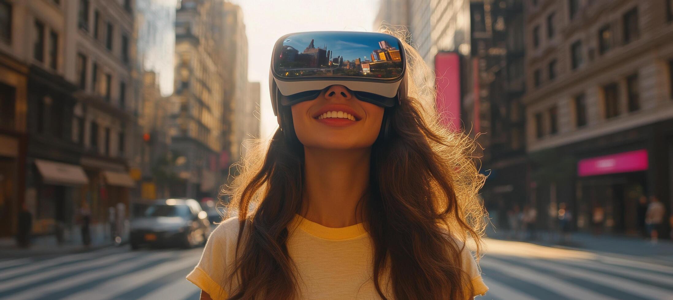Young woman explores city street while wearing virtual reality headset in afternoon light photo