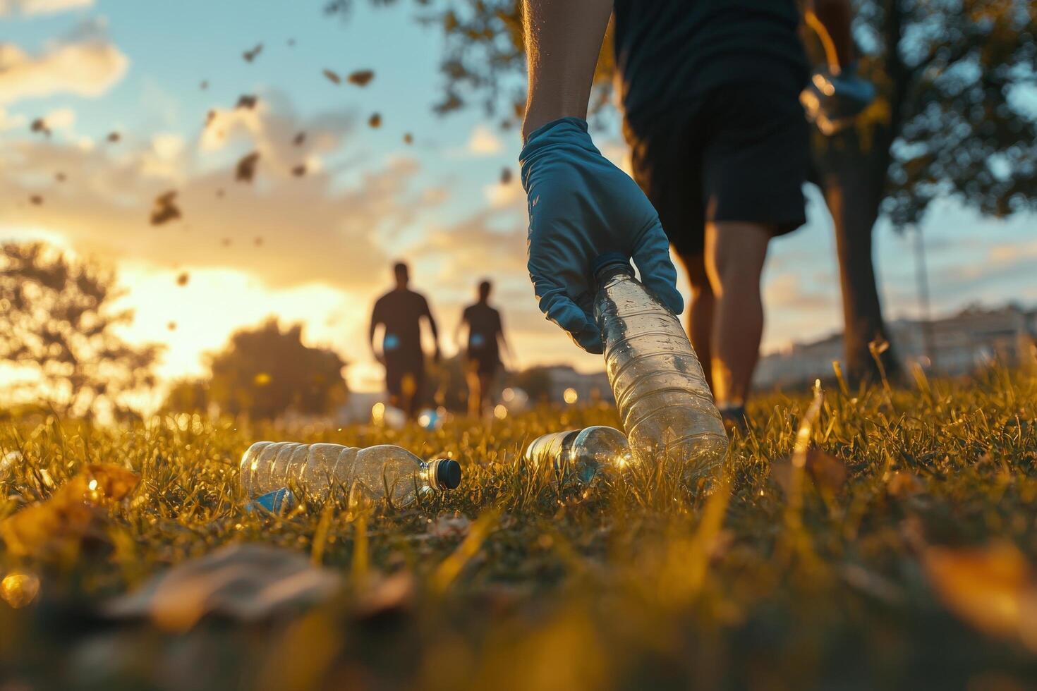 Community members clean up litter during sunset in a natural area photo