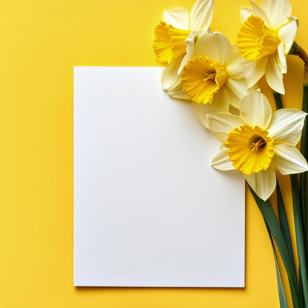 Bright yellow background with daffodils and blank sheet of paper for creative projects photo