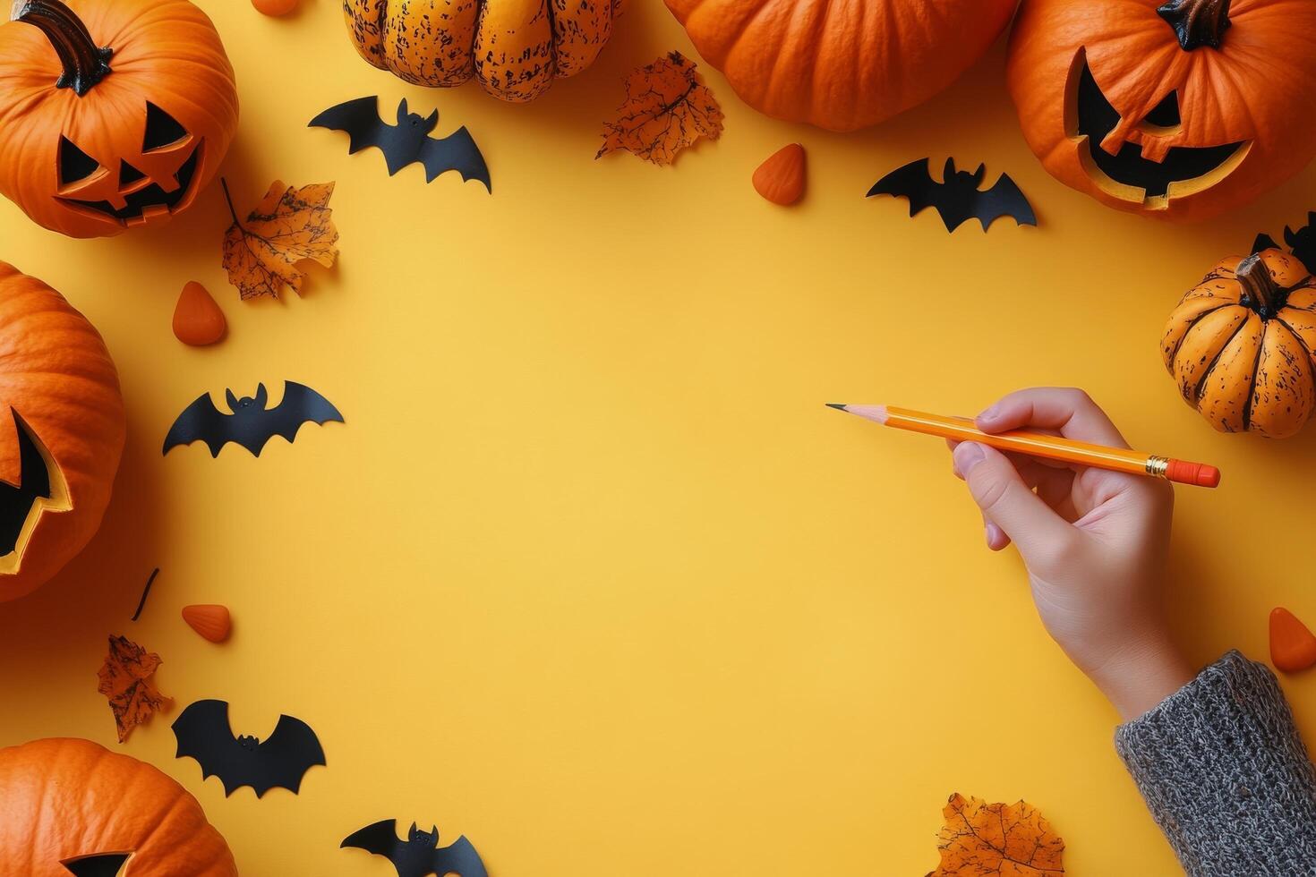 Crafting Halloween decorations with pumpkins and bats on a bright yellow background photo