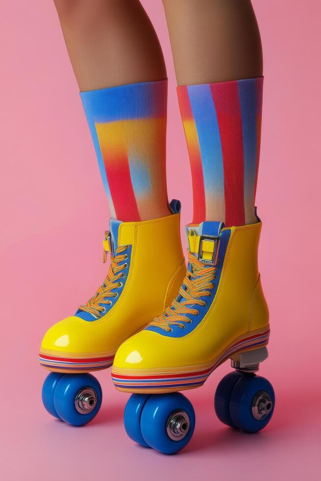 Bright retro roller skates with striped socks against a pink background during a sunny day photo