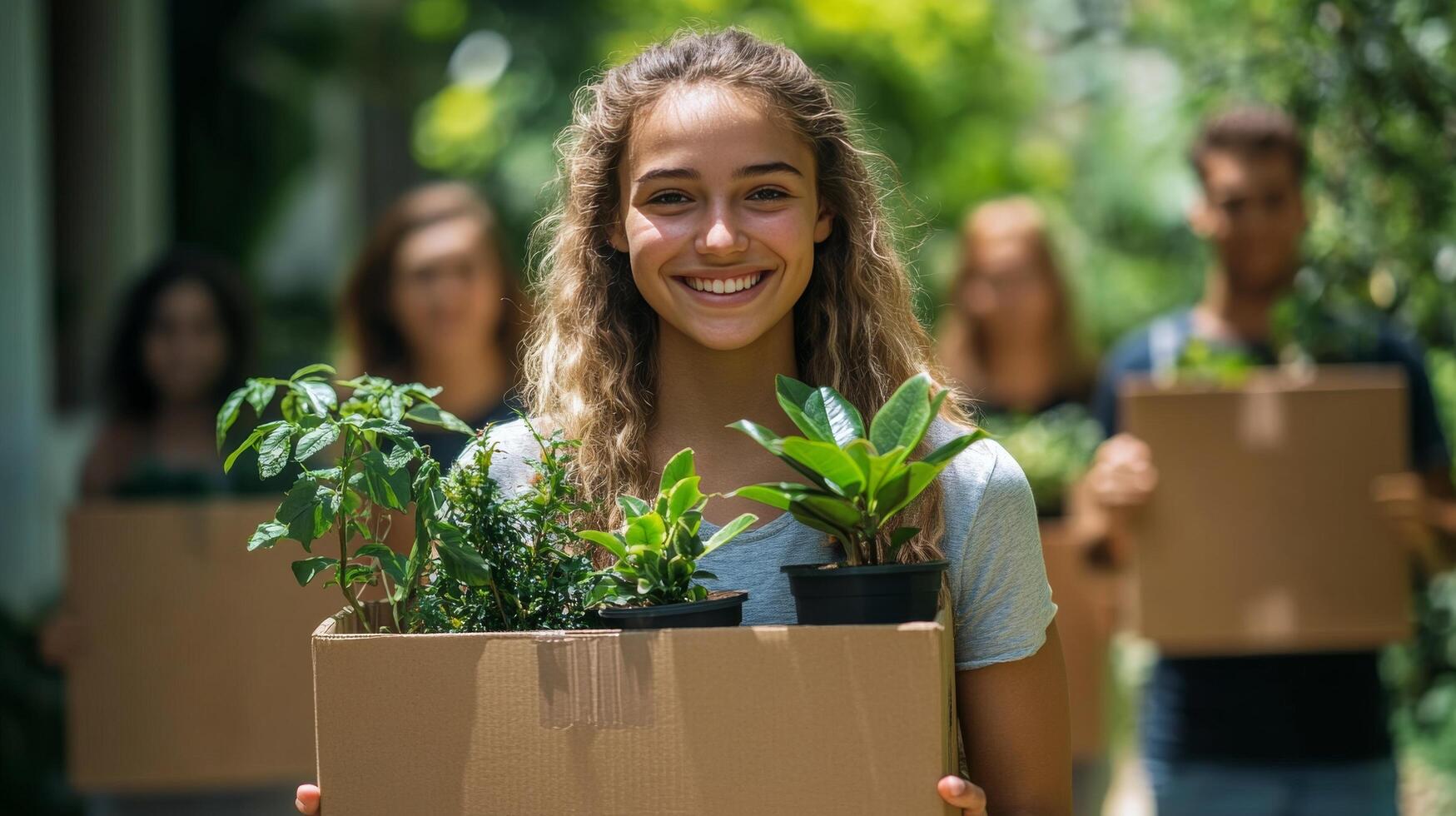 Group of young adults participating in urban gardening project while carrying plants photo