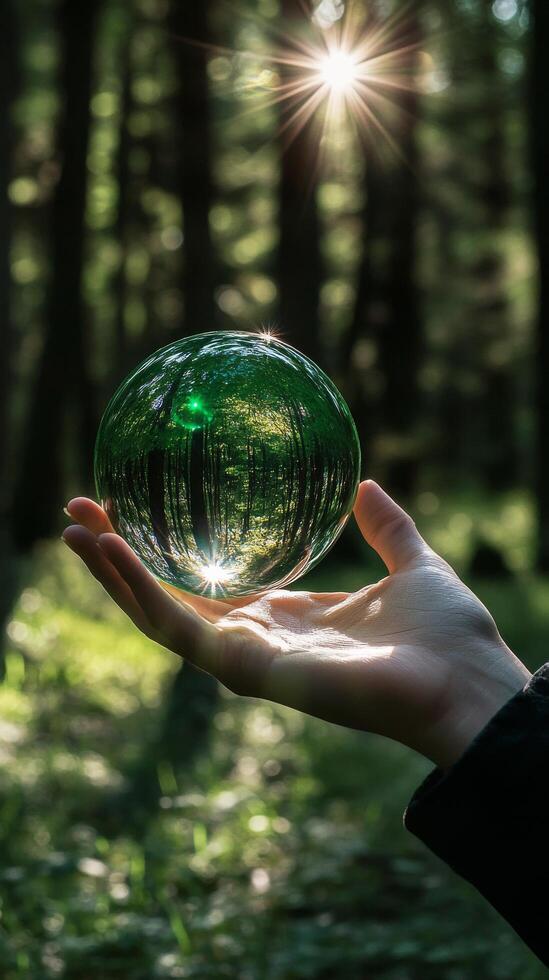 Hand holding a transparent green globe reflecting nature in a forest setting photo