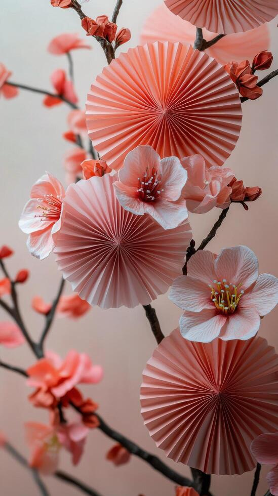 Paper flowers in pastel colors arranged on a decorative branch against a blue background photo