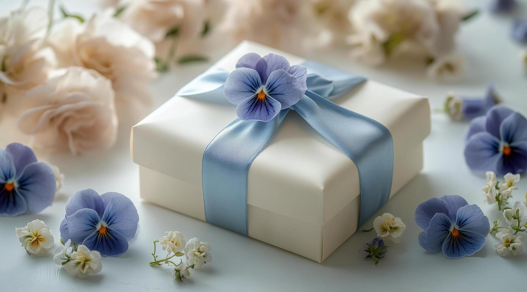 Gift box surrounded by blooming flowers in a serene outdoor setting during daylight photo