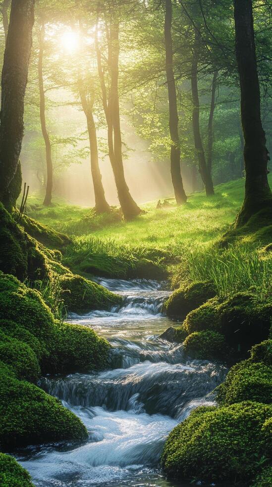 Tranquil forest landscape with a flowing stream and sunlight filtering through trees photo