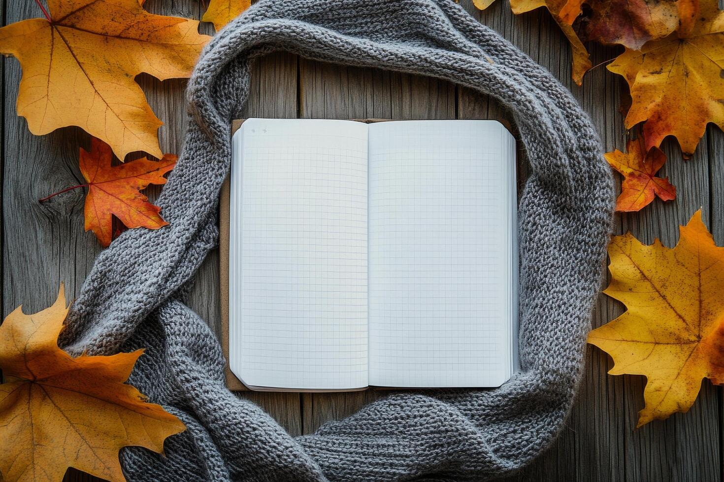 Cozy autumn setting with an open notebook surrounded by yellow leaves and a warm scarf photo