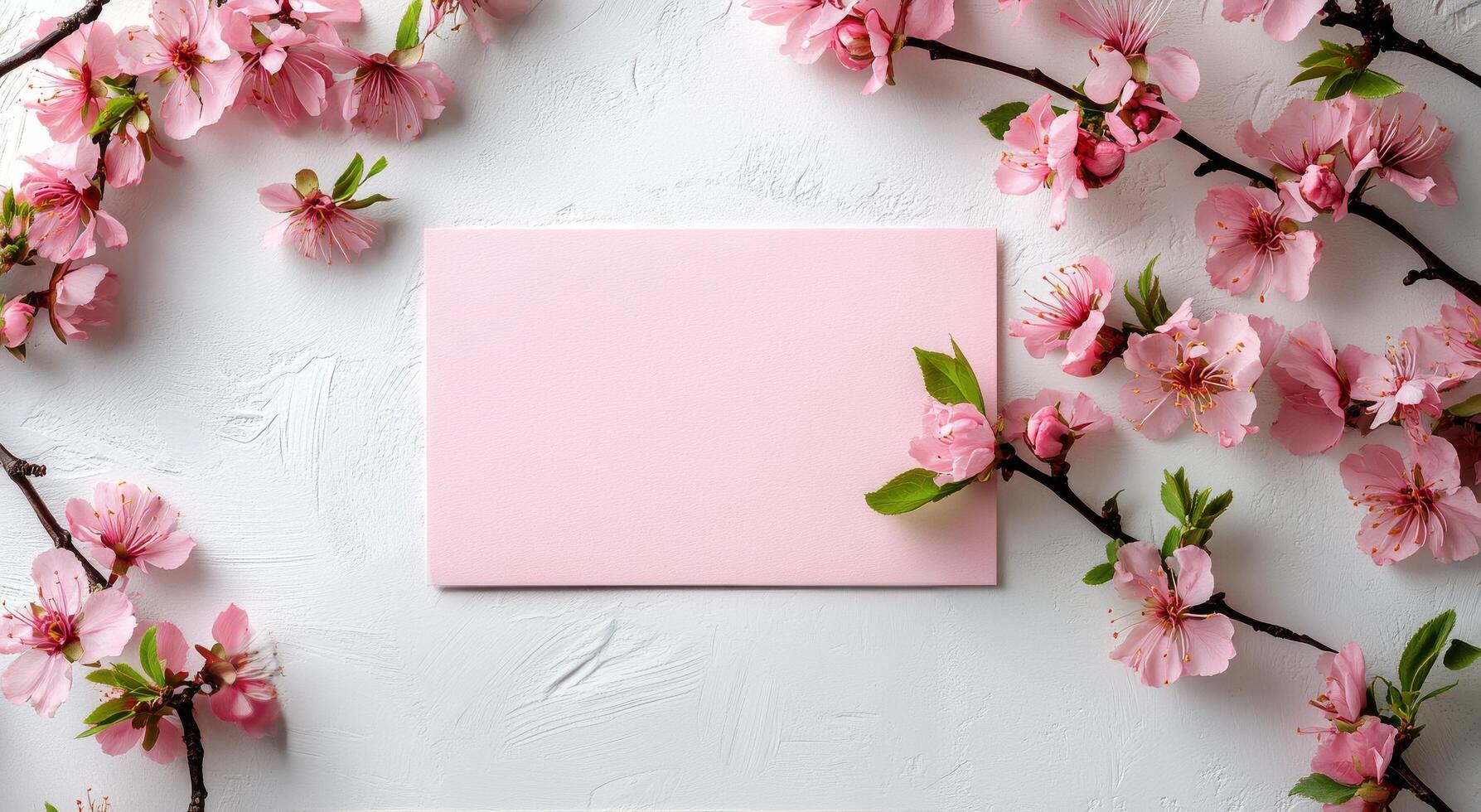 Pink blossoms surround a blank envelope on a white surface in a serene setting photo