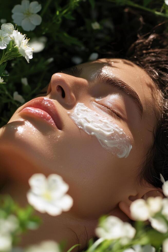 Relaxing skincare routine in a flower garden during soft daylight photo