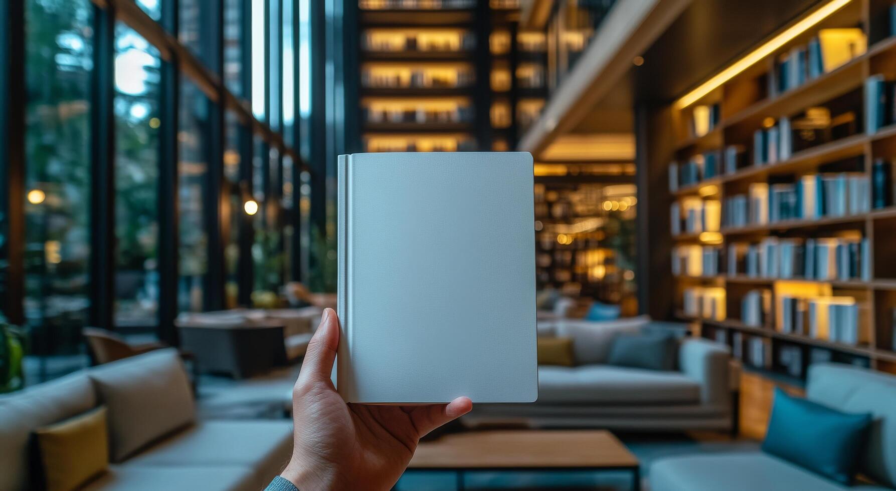 Holding a blank notebook in a modern library setting filled with shelves and soft seating photo
