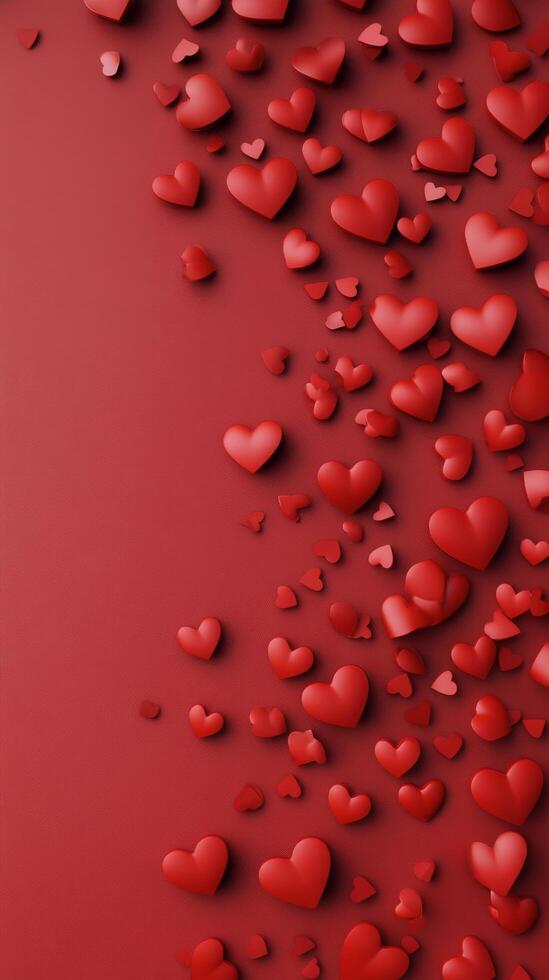 Red hearts scattered on a shiny surface creating a romantic theme for celebrations photo