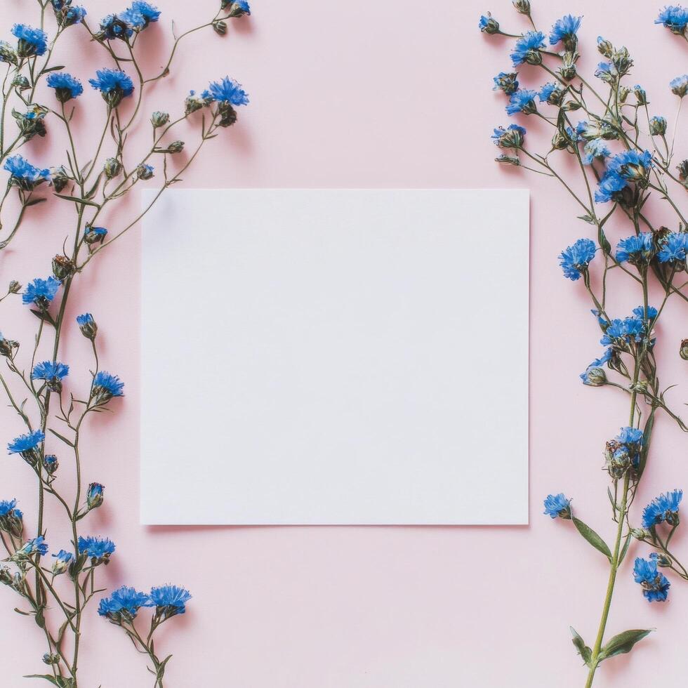 Beautiful spring flowers frame a blank card on a pink background for creative projects photo