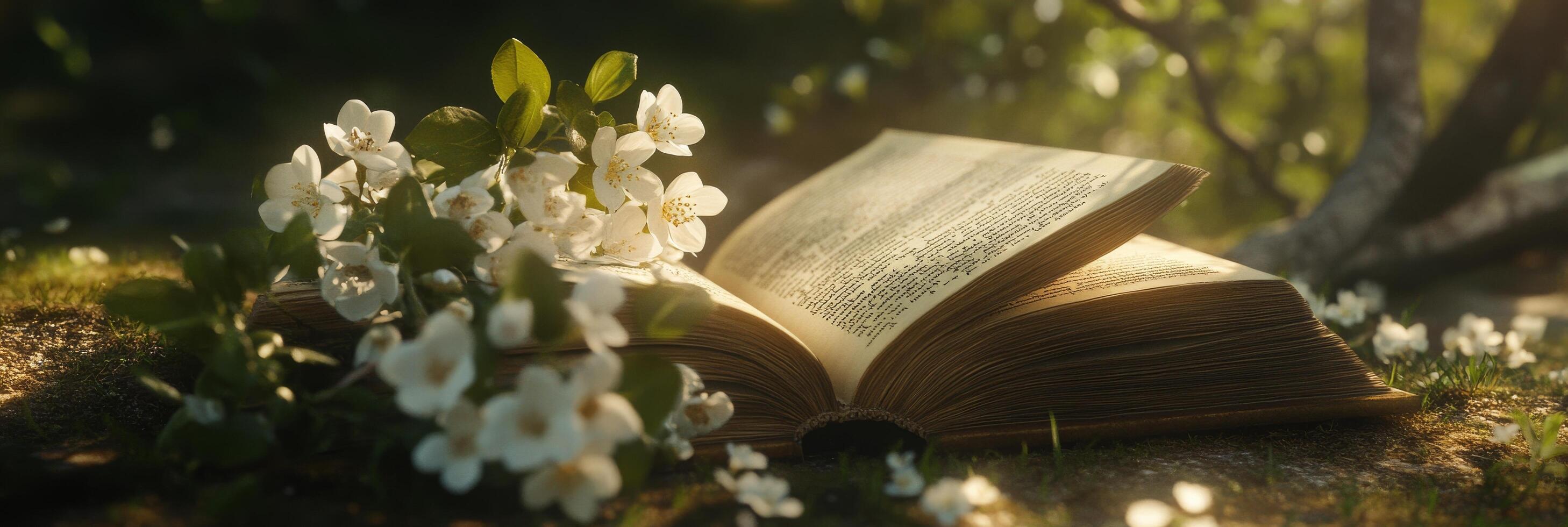 Open book resting in a garden surrounded by blooming white flowers on a sunny day photo