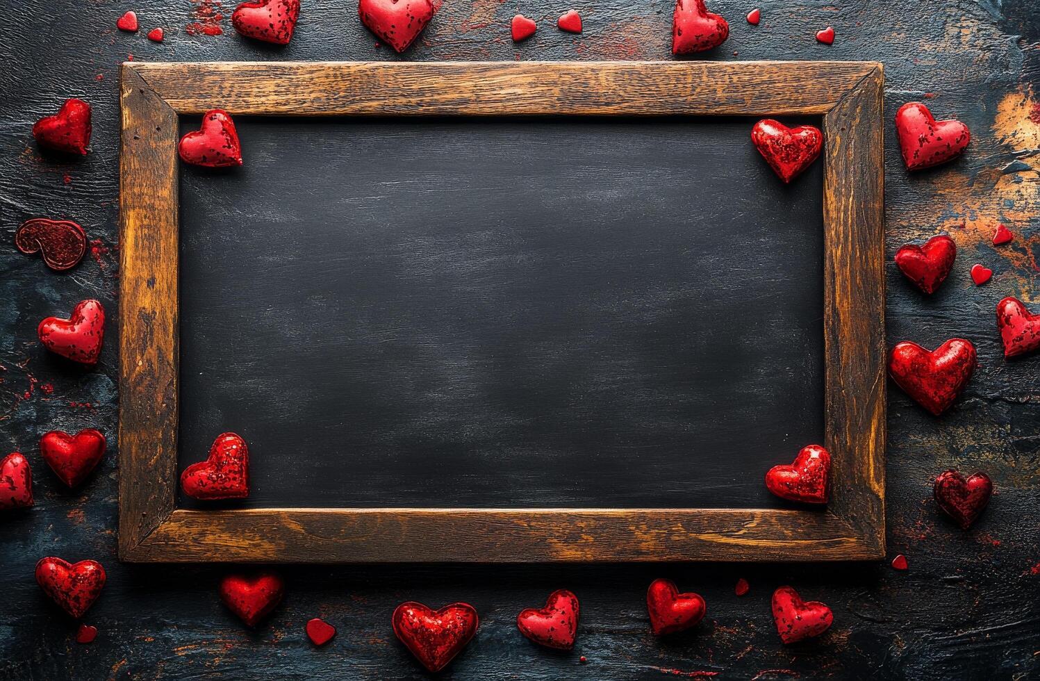 Romantic wooden frame with red heart decorations on dark surface for special occasions photo